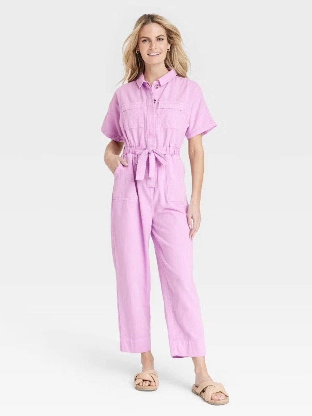 Universal Thread Pink Short-Sleeve Tie-Waist Jumpsuit